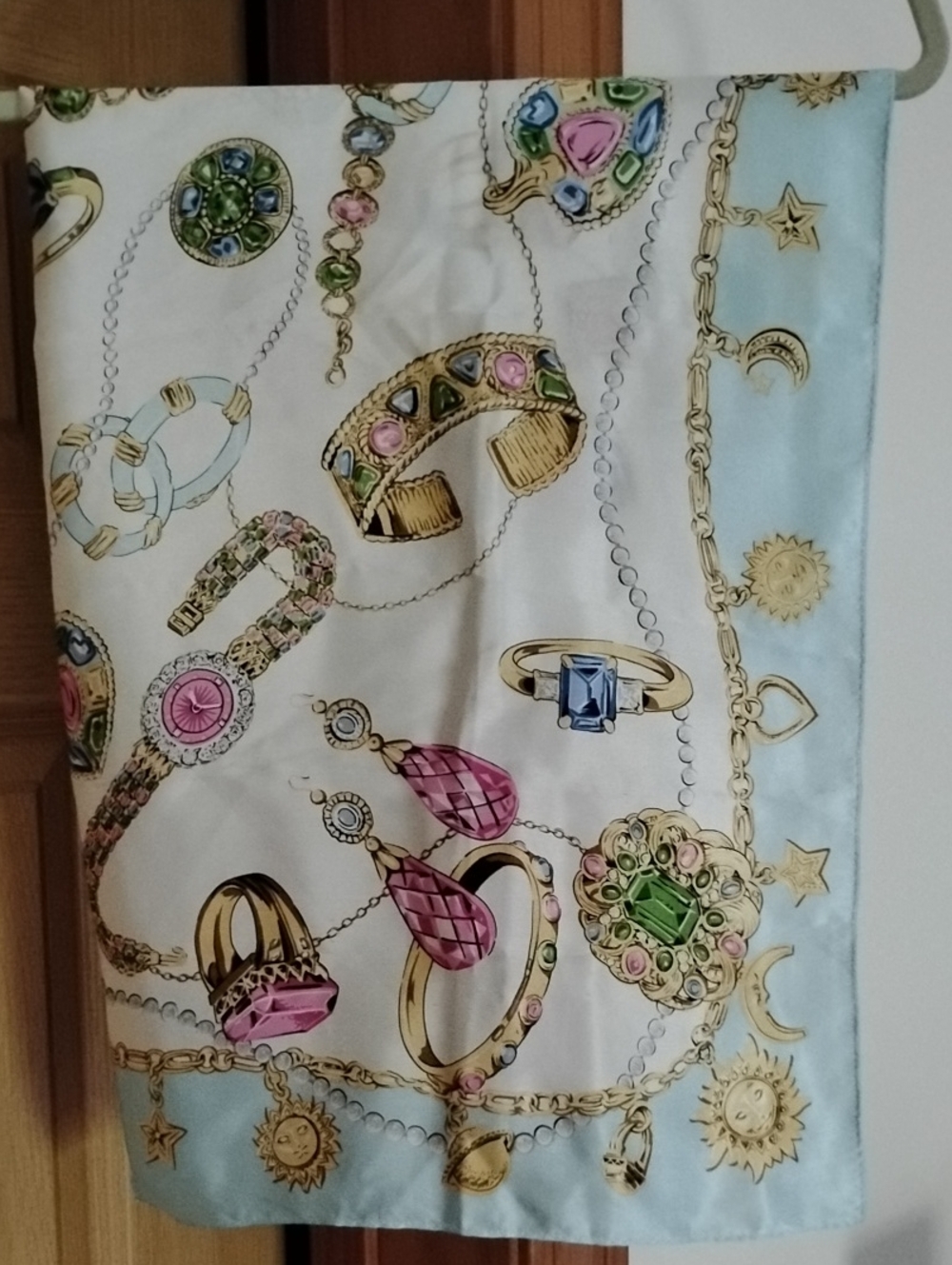 Echo Silk Status Print Scarf in Pale Blue Trim Jewels Print